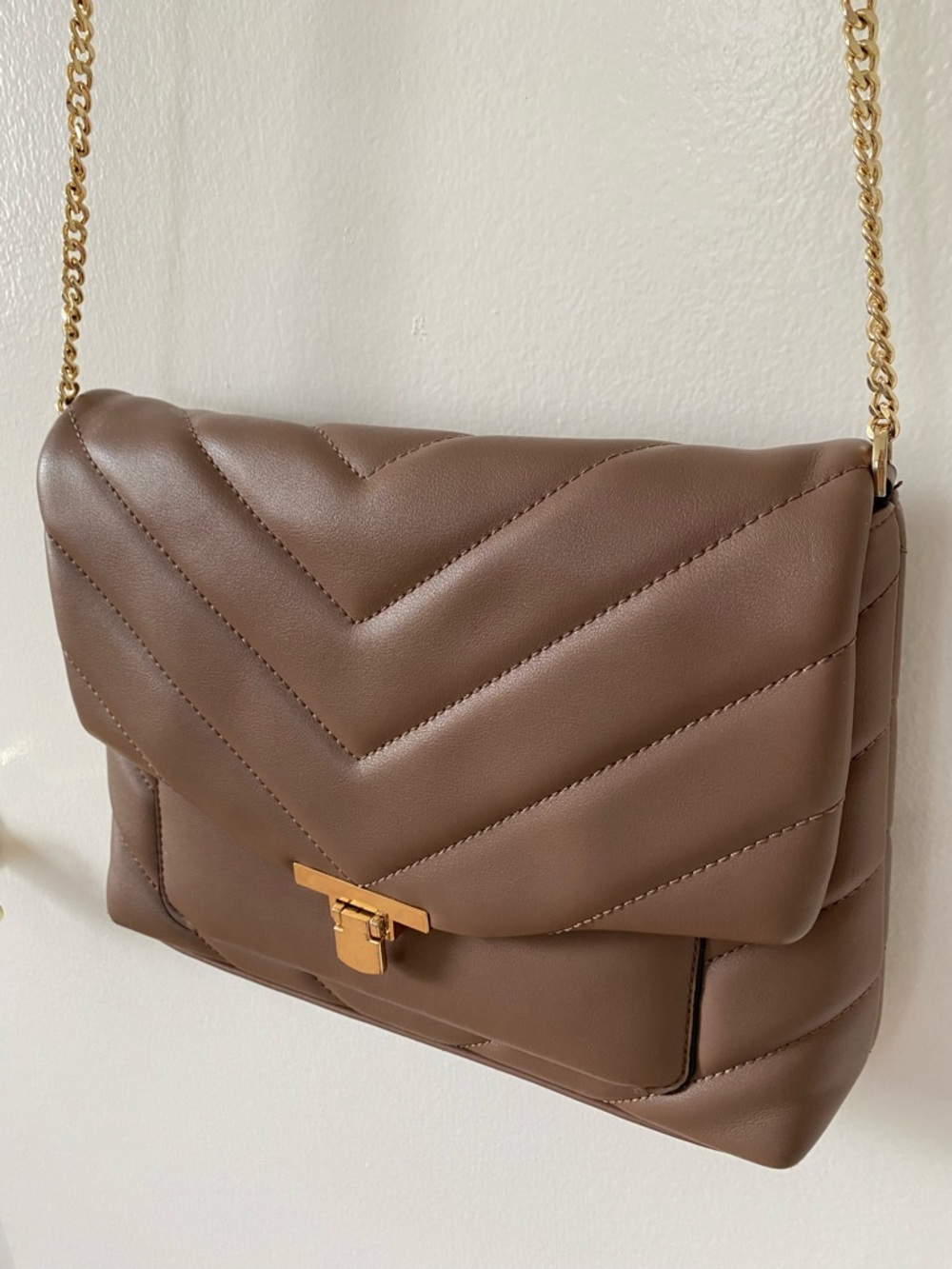 Quilted Crossbody Bag in Taupe with Gold Hardware